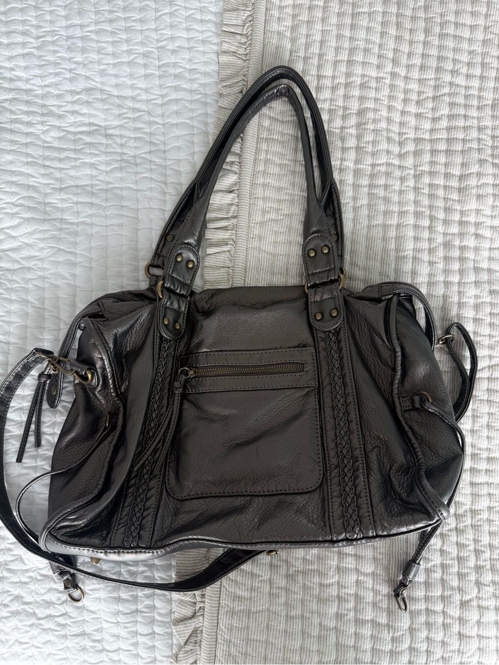 Silver Leather Shoulder Bag - City Bag